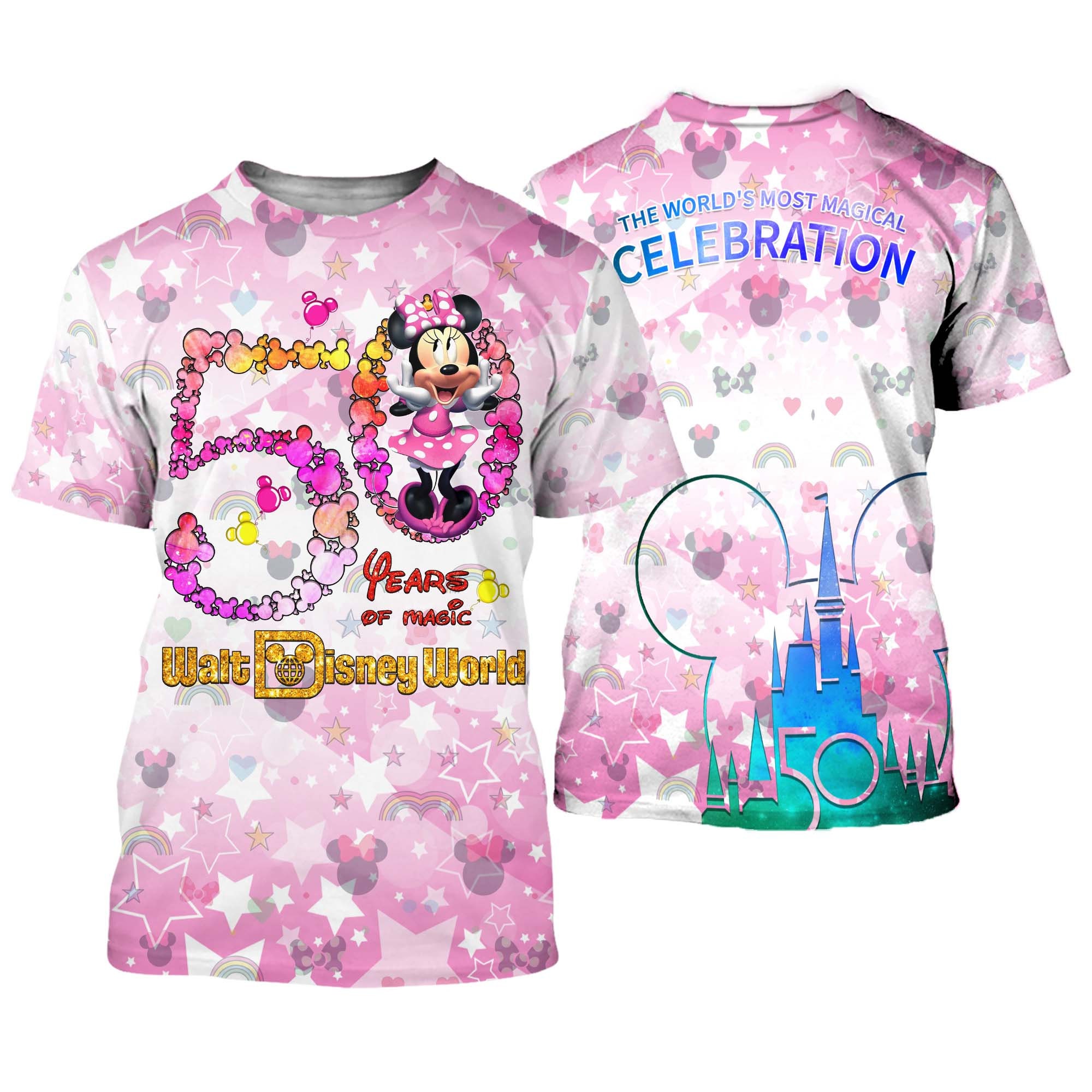 Minnie Mouse Pink Stars Glitter Castle Mickey Head Disney 50th Anniversary T-shirts
