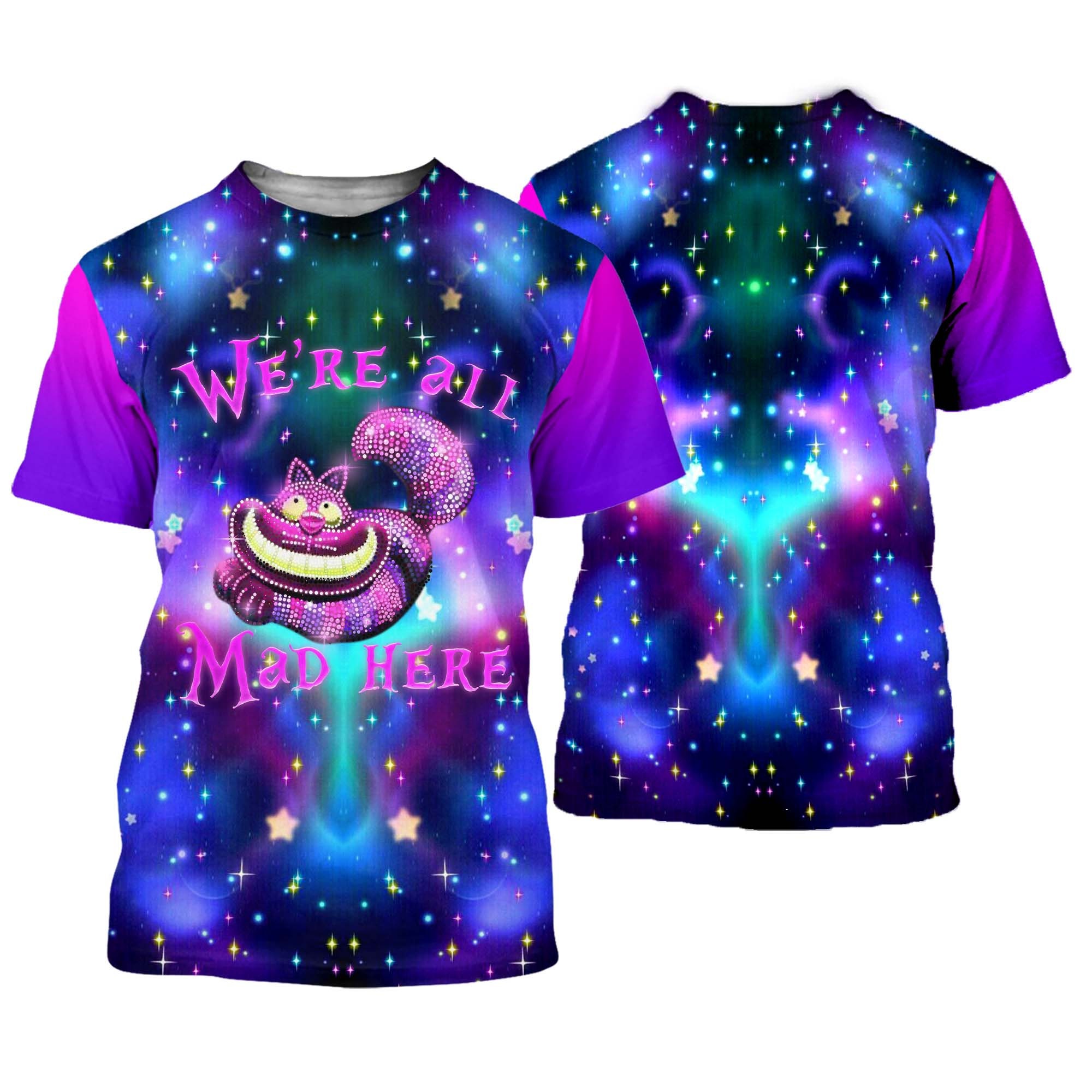 Chesire Cat Mad Quotes Galaxy Blue Pattern Disney Cartoon Outfits Unisex Casual T-shirts 3D