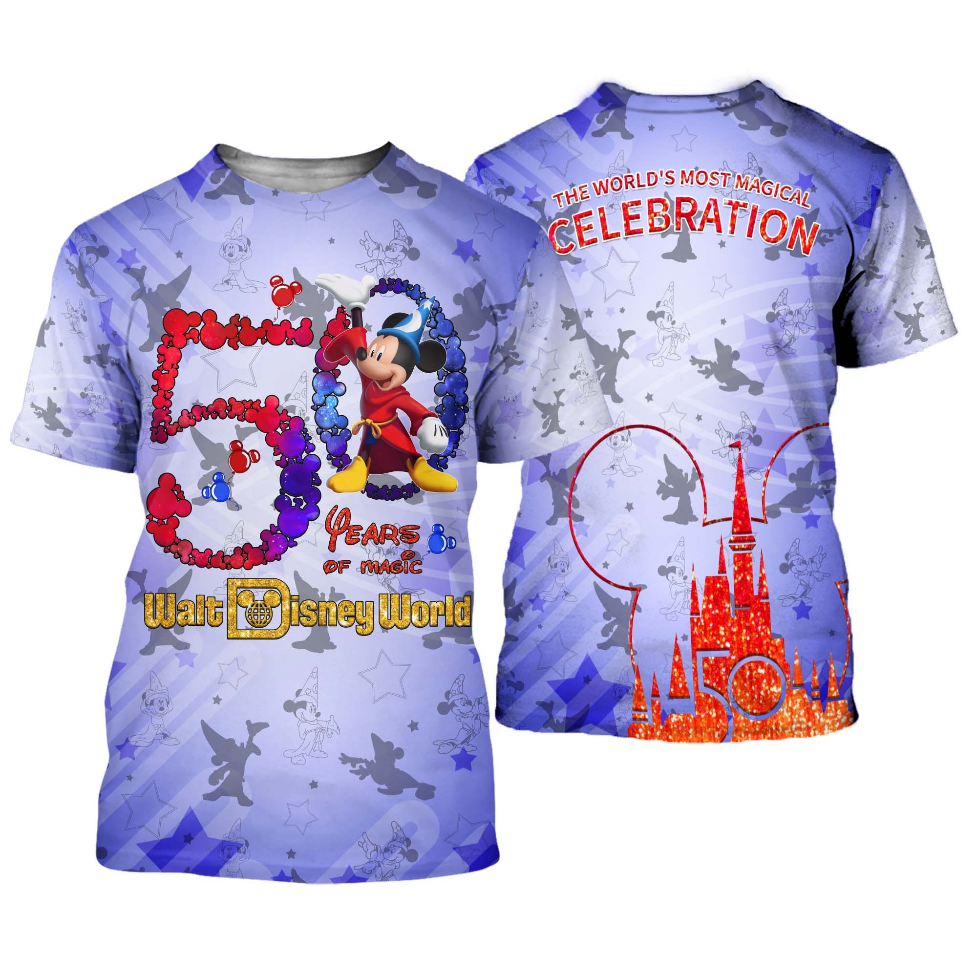 Mickey Mouse Blue Ombre Patterns Castle Mickey Head Disney 50th Anniversary T-shirts