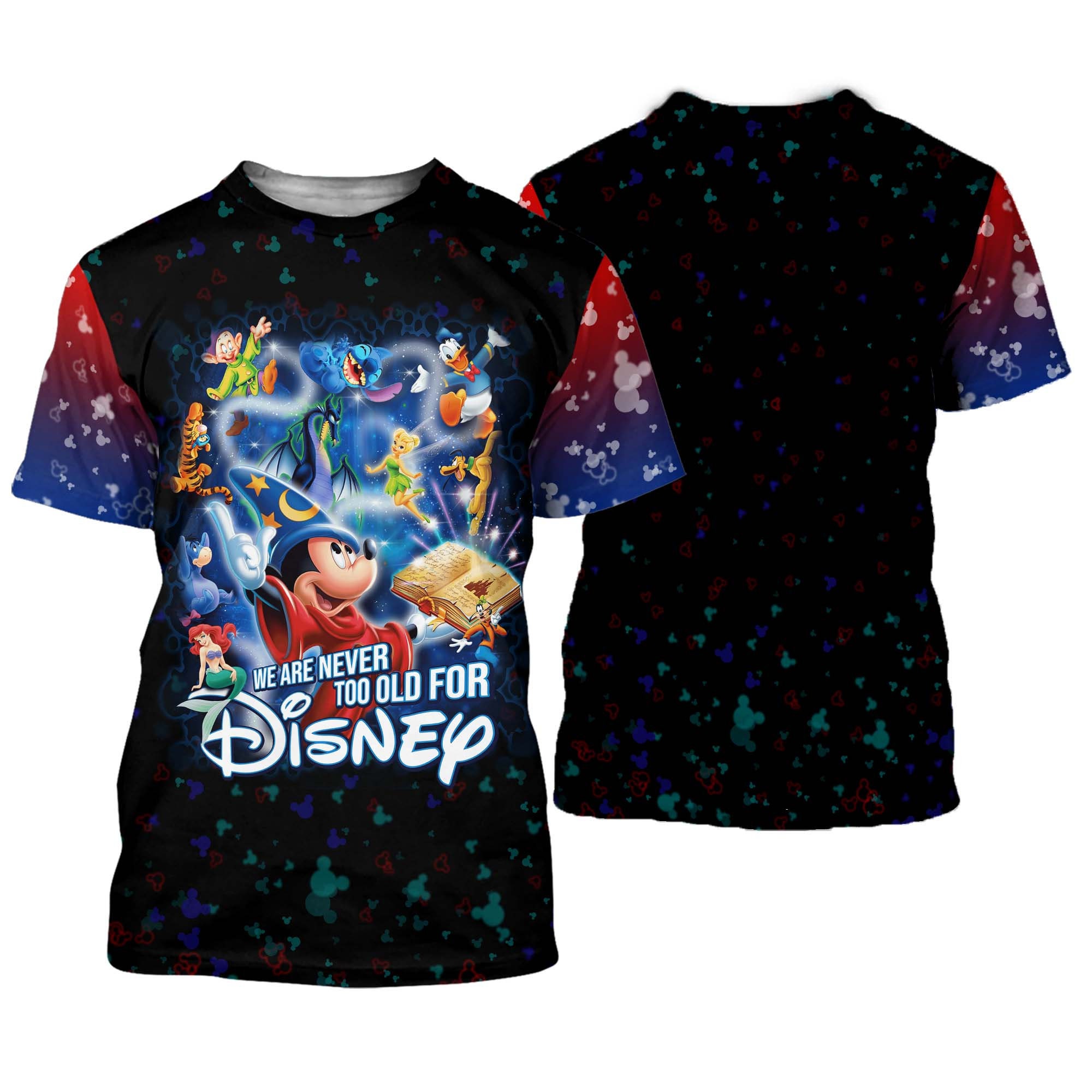 Mickey Fantasia Never Too Old For Blue Black Disney Cartoon Outfits Unisex Casual T-shirts 3D