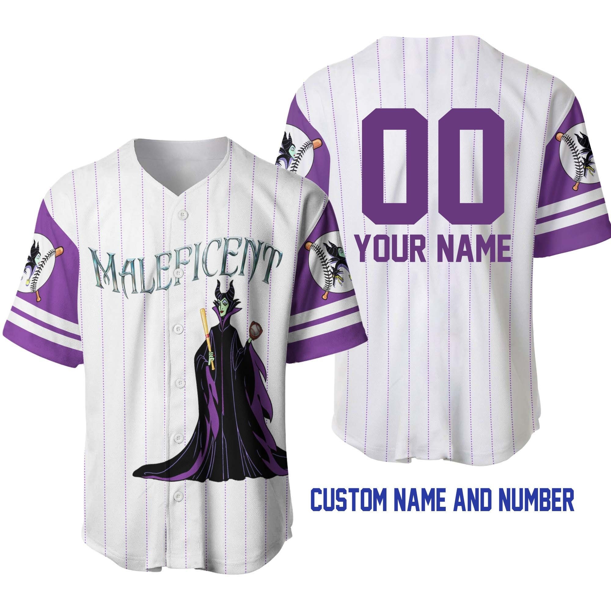 Maleficent White Purple Lavender Jersey, Disney Custom Baseball Jersey
