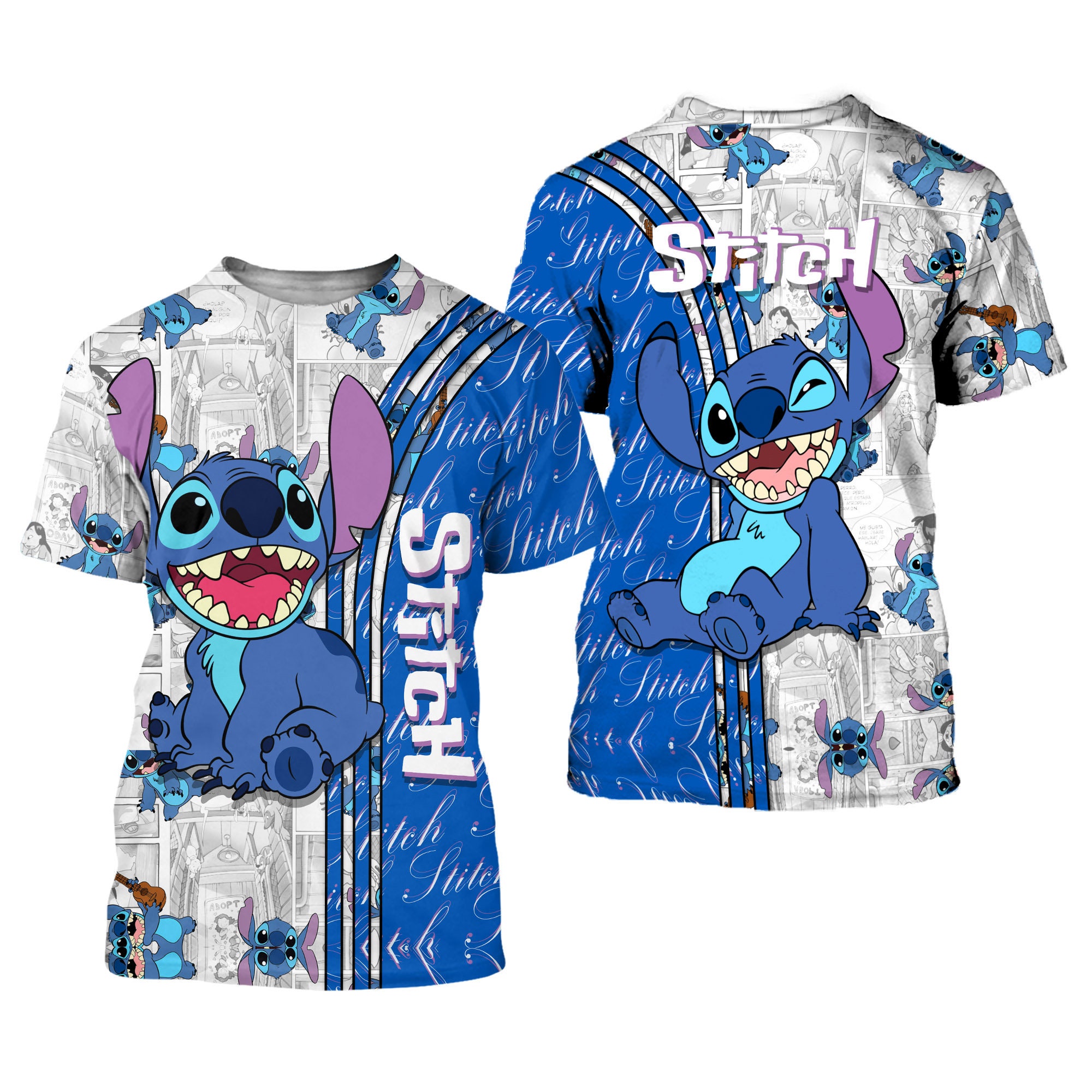 Blue Stitch Cross Comic Book Patterns Disney Outfits Unisex Casual T-shirts 3D