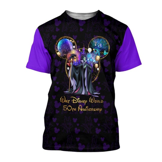 Maleficent Black Neon Purple Glitter Castle Disney 50th Anniversary Unisex Casual T-shirts