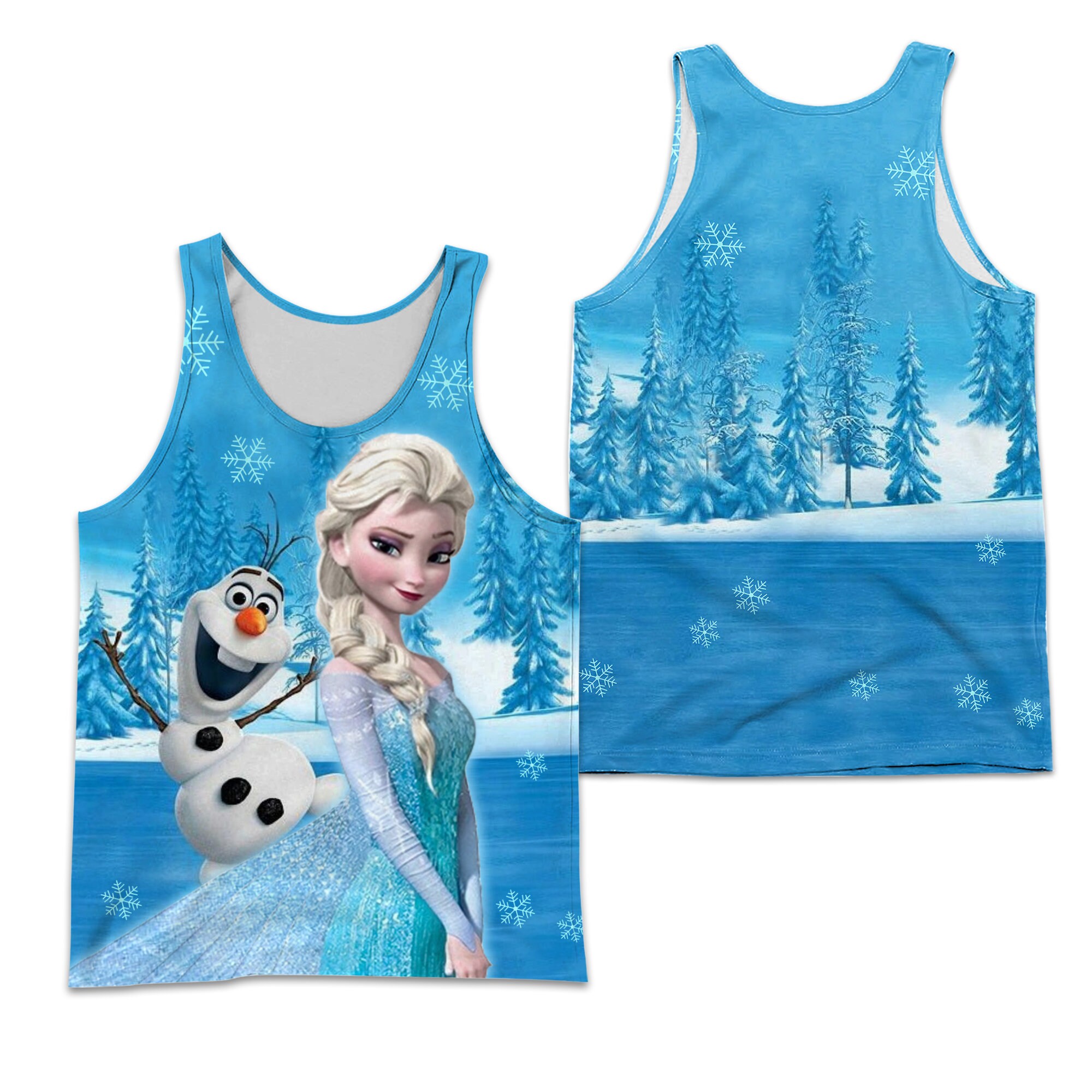 Olaf Elsa Frozen Blue Glitter Bling Full Print Disney Cartoon 3D Tank Top