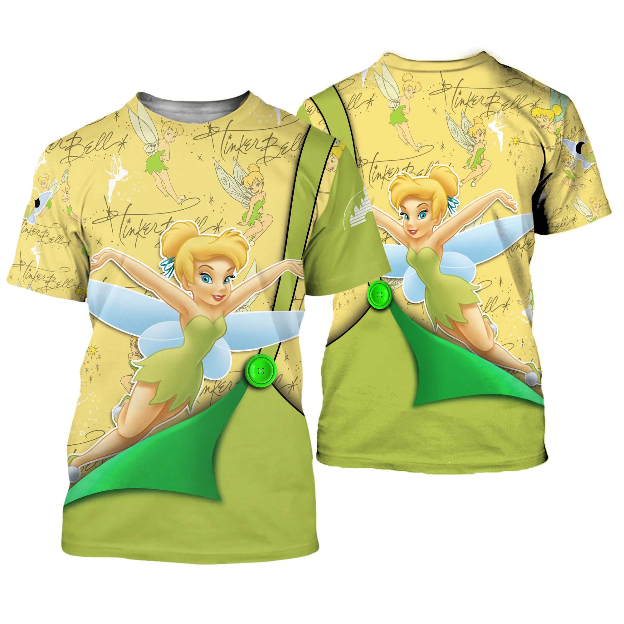 Tinker Bell Yellow Button Overalls Patterns Disney Outfits Unisex Casual T-shirts 3D