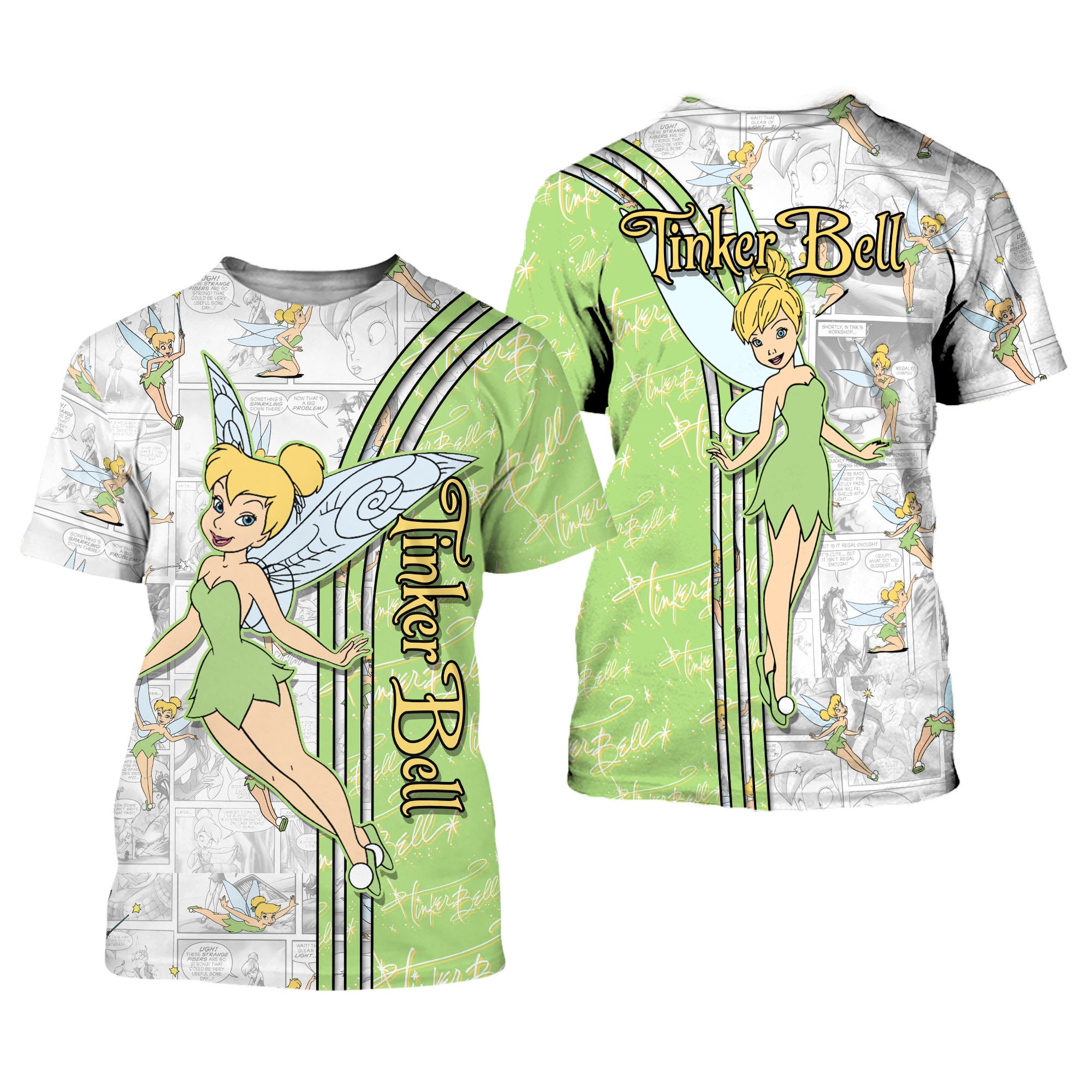Green Tinker Bell Cross Comic Book Patterns Disney Outfits Unisex Casual T-shirts 3D