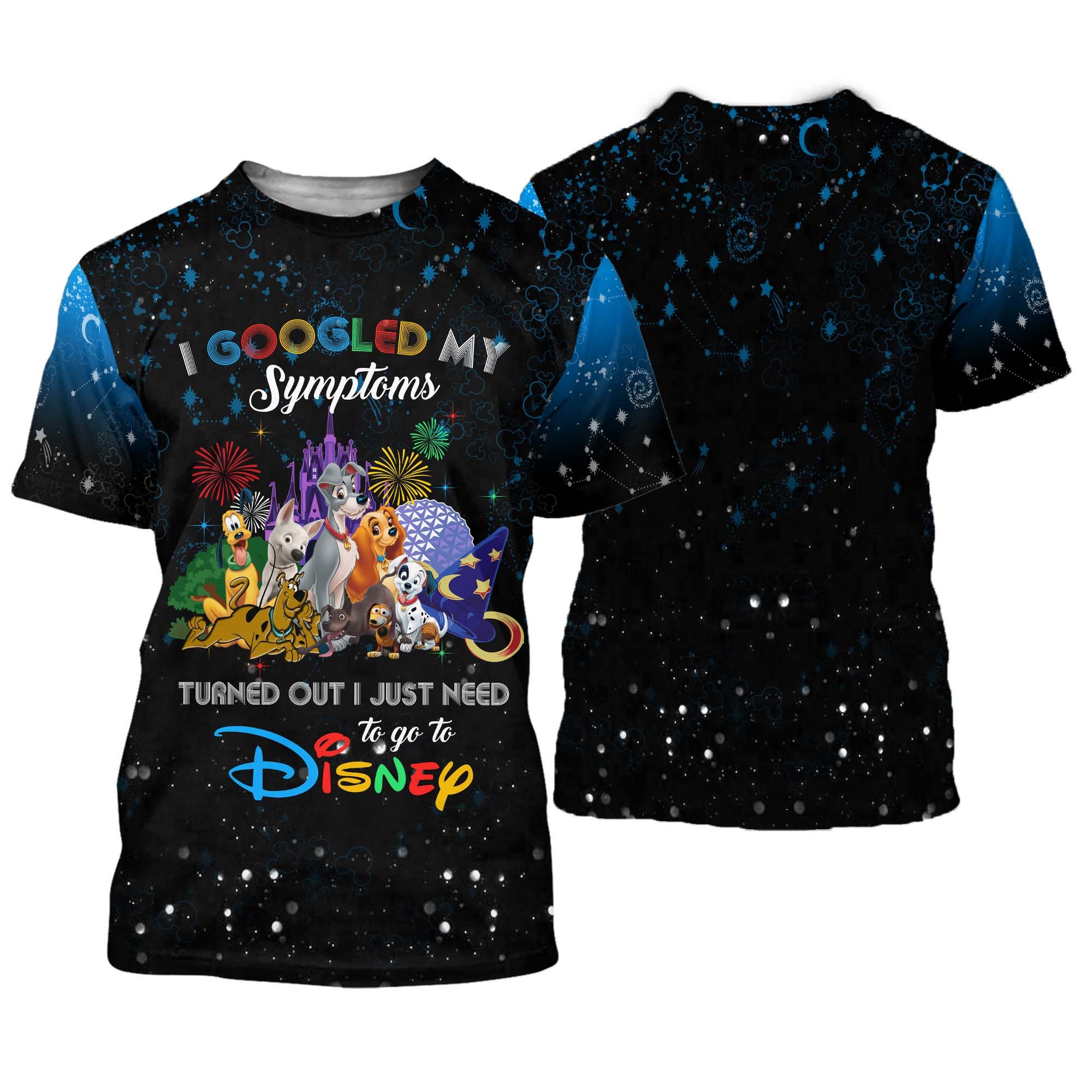 Disney Dogs Quotes Blue Black Pattern Disney Cartoon Outfits Unisex Casual T-shirts 3D
