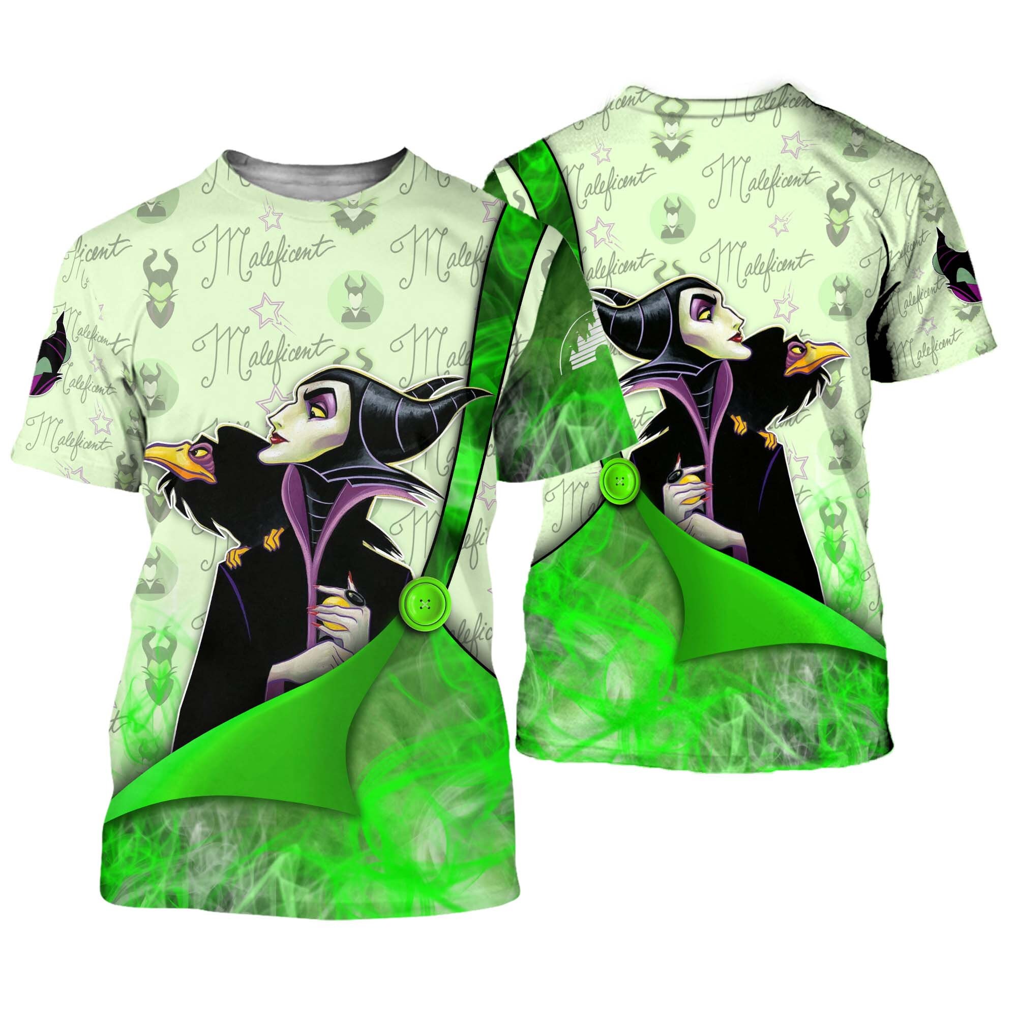 Maleficent & Diablo Green Button Overalls Patterns Disney Outfits Unisex Casual T-shirts  3D