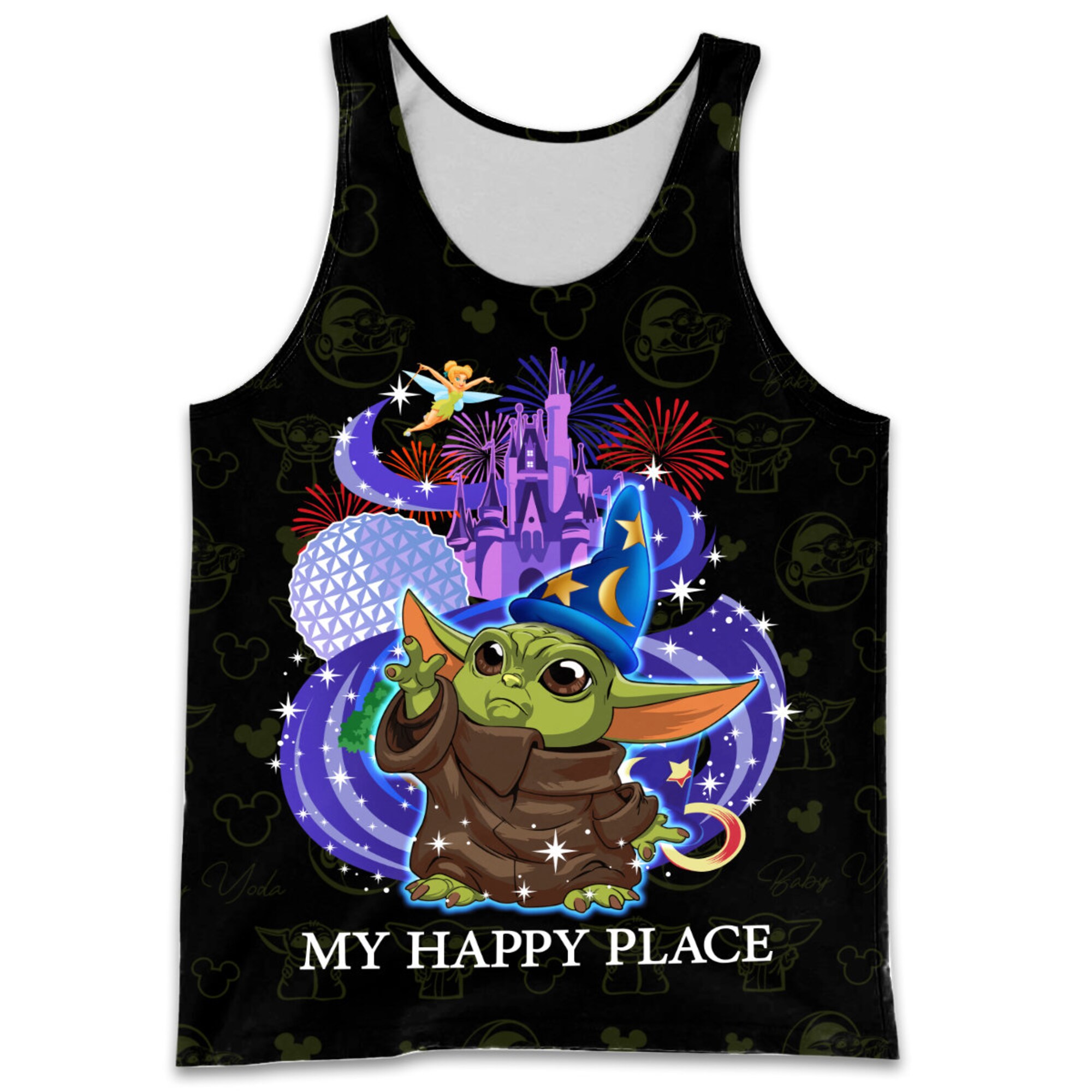 Baby Yoda My Happy Place Black Patterns Disney Cartoon 3D Tank Top