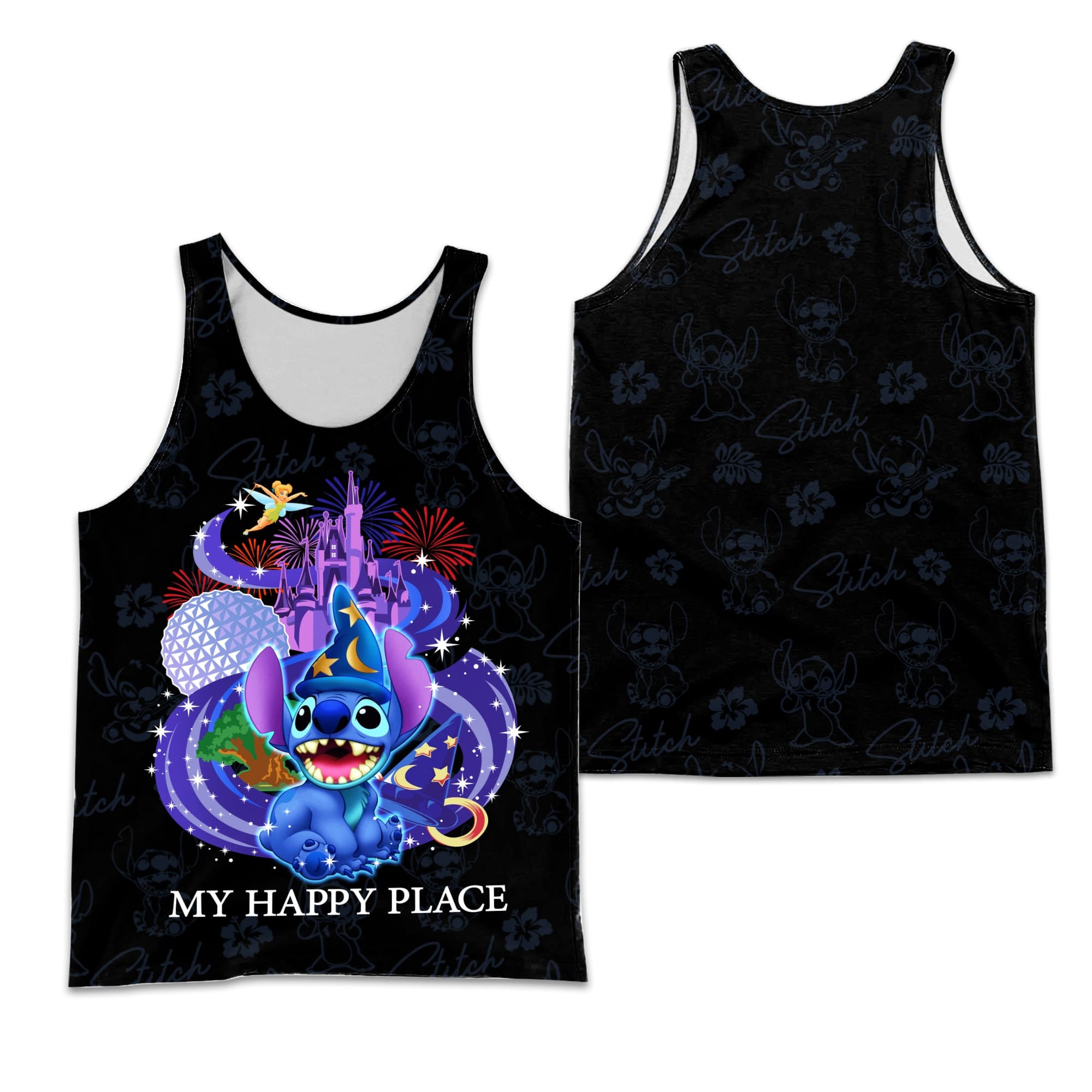 Stitch My Happy Place Black Patterns Disney Cartoon 3D Tank Top