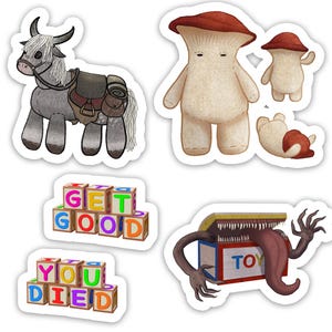 May include: A set of six colorful stickers featuring a gray horse with a saddle, a mushroom-shaped creature, a toy box with a toothy mouth and tongue, and three sets of colorful alphabet blocks spelling "GET GOOD" and "YOU DIED".