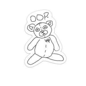 May include: A black and white line drawing of a teddy bear with the word "OOP." above it.