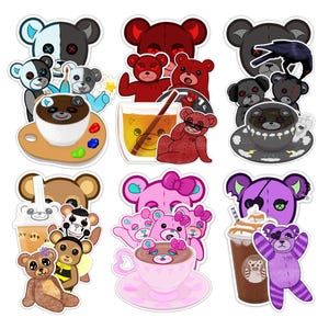 Può includere: Set di 10 adesivi colorati con orsi dei cartoni animati che bevono caffè, tè e altre bevande. Ogni adesivo ha un design unico e presenta un personaggio di orso diverso.