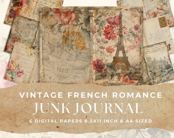 Vintage French Romance Junk Journal Pages, Printable Collage (Digital Download)