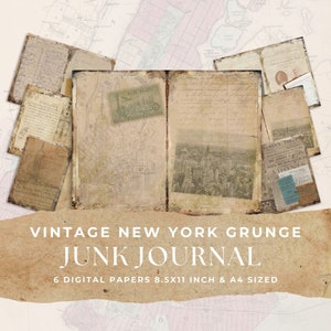 VINTAGE NEW YORK Grunge Junk Journal Digitales Papier, 6 Seiten, bedruckbar, Papiermodelle, Collage Sheet, 11 x 8.5, A4