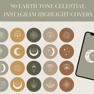 Pode incluir: Um conjunto de 90 capas de destaque do Instagram com designs celestiais e inspirados na natureza em tons terrosos. Os ícones incluem luas, estrelas, borboletas, olhos e muito mais. Os ícones são exibidos em um fundo cinza claro.