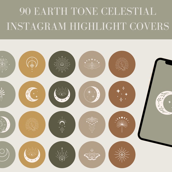 90 CELESTIAL Instagram Highlight Cover Icons In Earth Tones | 18 Celestial Illustrations | PNG Instagram Story Covers | Instant Download