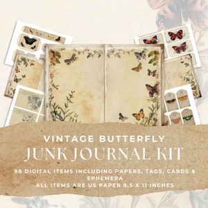 VINTAGE BUTTERFLY Junk Journal Kit, 98 Piece Vintage 19th Century Botanical Butterfly Printable Ephemera on 11 x 8.5 Inch Paper