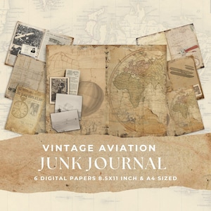 VINTAGE AVIATION Junk Journal Cyfrowy papier, 6 stron cyfrowego dziennika, do druku, papier do majsterkowania, arkusz kolażu 11 x 8,5, A4