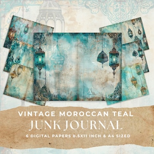 VINTAGE MAROKKAANSE TEAL Junk Journal Digitaal papier, 6 Teal afdrukbare digitale papieren, Marokkaanse lantaarndetaildagboekpagina's, 11 x 8,5 inch & A4