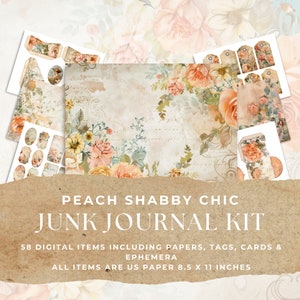 SHABBY CHIC PEACH Junk Journal Kit, 58 peças de papéis florais vintage para impressão, etiquetas, coisas efêmeras, cartões postais e envelopes, papel de 11 x 8,5 polegadas