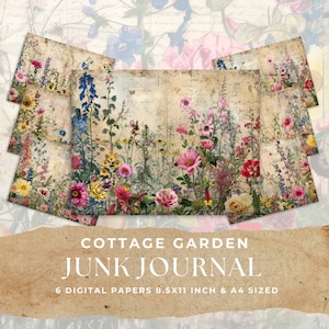 COTTAGE GARDEN Junk Journal Digital Paper, 6 Vintage Floral Digital Paper, Digital Journal Pages, Printable Paper Craft, 11 x 8.5 Inch & A4