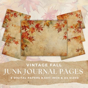 VINTAGE FALL Junk Journal Digital Paper, 6 Autumn Leaf Vintage Digital Journal Pages, Autumn Printable Paper Craft, 11 x 8.5 Inch & A4