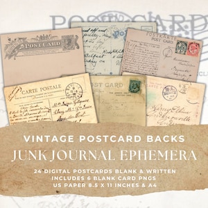Cartes postales vintage éphémères pour le journal indésirable, éphémères imprimables de cartes postales vintage, cartes postales vierges PNG en bonus, papier imprimable 11 x 8,5 et format A4