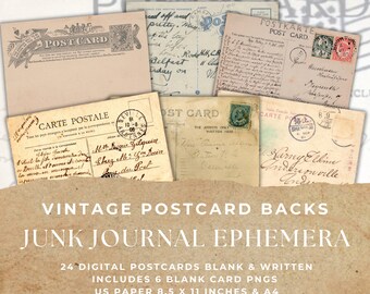 VINTAGE POSTCARDS Junk Journal Ephemera, Printable Vintage Postcard Ephemera, Bonus Blank PNG Postcards, Printable Paper 11 x 8.5 & A4 Sized