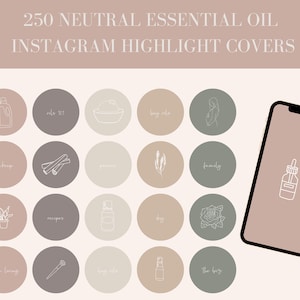 Könnte beinhalten: Ein Set mit 250 neutralen Instagram-Highlight-Covern für ätherische Öle. Die Cover zeigen einfache Strichzeichnungen verschiedener Gegenstände, darunter Pflanzen, Flaschen und andere Objekte. Die Cover sind in verschiedenen Farben gehalten, darunter Beige, Braun und Grün.