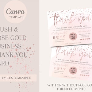 Blush & Rose Gold Product Business KARTA Z PODZIĘKOWANIAMI Szablon Canva | Karta z podziękowaniami za zamówienie | Wkładka do opakowania | Niestandardowa karta z podziękowaniami