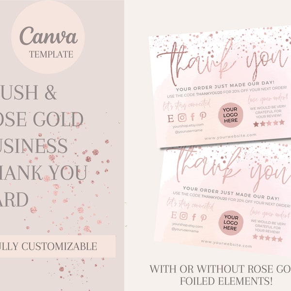 Blush & Rose Gold Product Business THANK YOU CARD Canva Template | Thank You For Your Order Card | Package Insert | Custom Thank You Card