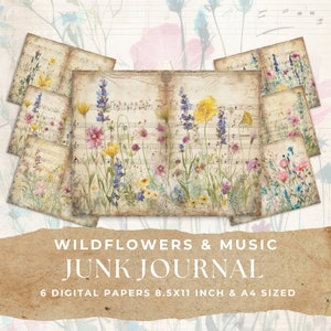 WILDFLOWERS & MUSIC Junk Journal Digitales Papier, 6 Vintage Floral Digital Journal Seiten, bedruckbar, Papiermodelle, Collage Sheet 11 x 8.5, A4