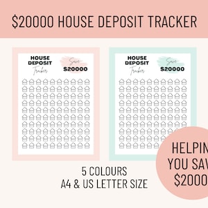 May include: A printable house deposit tracker with a pink and green color scheme. The tracker features a grid of 100 small house icons to track saving $20,000. The text "Save $20,000" is written in a pink and green brushstroke font. The text "House Deposit Tracker" is written in black text. The text "5 Colors, A4 & US Letter Size" is written in black text. The text "Helping You Save $20,000" is written in black text on a pink circle.