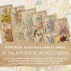 VINTAGE AUSTRALIAN FLORAL Junk Journal Postcards, Printable Australian Floral Ephemera, Digital Botanical Collage Sheet, 11 x 8.5 & A4 Sized