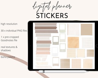 May include: A digital planner sticker set with 30 individual PNG files. The stickers feature a boho palette of neutral colors and textures, including washi tape, photo frames, and paper notes.