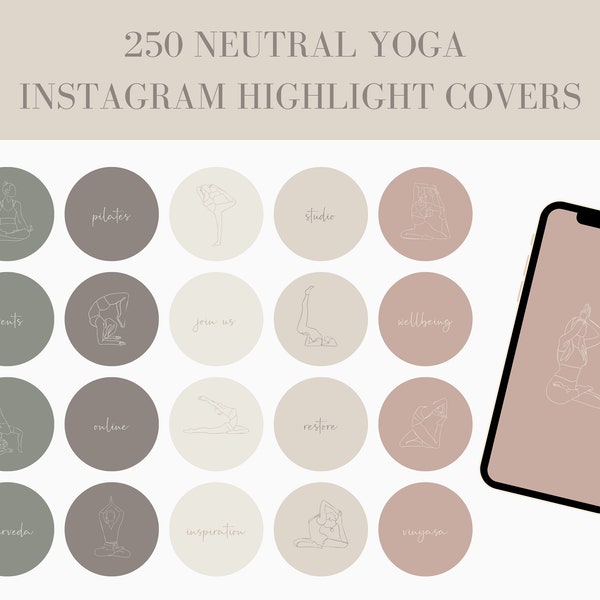 250 YOGA ASANA Instagram Highlight Cover Icons In Neutral Colours | 25 Yoga Pose & 25 Text PNG Instagram Story Covers | Instant Download