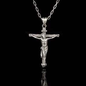 Jesus Crucifixion Necklace, Silver Cross Crucifix Pendant, Religious Jewelry, Engraved Christian Gift