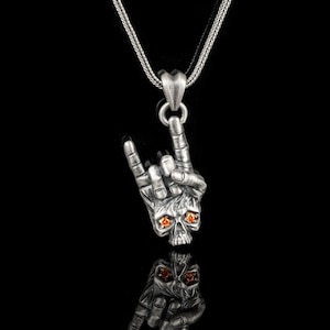 Heavy Metal Silver Necklace with Skull Pendant, Rock&#39;n Roll Jewelry, Gift for Music Lovers