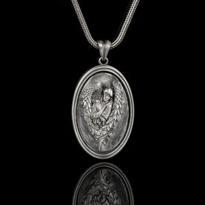 Winged Angel Silver Necklace Pendant, Guardian Protector Jewelry, Religious Gift for Men Women