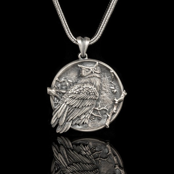 Collier de hibou en argent, pendentif de charme de hibou gravé, bijoux nature pour hommes et femmes, collier de médaillon familial, cadeau de meilleur ami, cadeau de petite amie