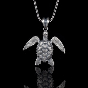 Sea Turtle Caretta Necklace Pendant, Sterling Silver Ocean Jewelry Gift for Men/Women
