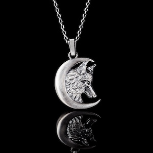 Moon Wolf Necklace, Silver Wolf Pendant, Wolf Charm Jewelry For Men & Women, Engraved Animal Necklace, Birthday Gift, Remembrance Gift