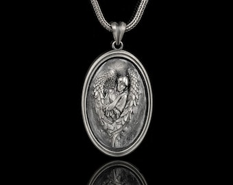 Sterling Silver Winged Angel Necklace, Oxidized Vintage Cherub Pendant, Unisex Protector Jewelry Gift