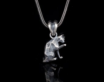 Silver Geometric Cat Pendant Necklace, Origami Style Jewelry, Gift for Men and Women