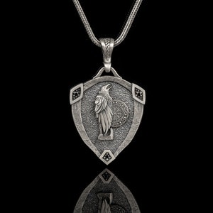 Silver Viking Necklace, Odin&#39;s Raven Pendant, Engraved Norse Jewelry, Raven Charm Pendant, Crow Necklace, Mythological Gift, Boyfriend Gift