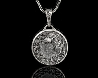 Silver Horse Necklace, Engraved Celtic Pendant, Horse Charm, Equestrian Jewelry, Birthday Gift For Men & Women