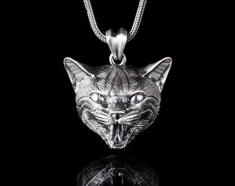 925 Silver Wildcat Necklace, Cat Pendant, Animal Jewelry, Unique Gift for Men and Women