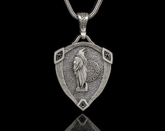 Silver Viking Necklace, Odin&#39;s Raven Pendant, Engraved Norse Jewelry, Raven Charm Pendant, Crow Necklace, Mythological Gift, Boyfriend Gift