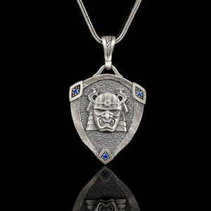 Silver Samurai Mask Pendant, Japanese Warrior Necklace, Personalized Medieval Jewelry, Oxidized Silver Pendant, Brother Gift, Gift For Men